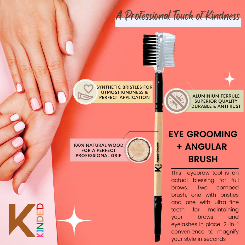 KINDED Professional Natural Wooden Handle 2 in 1 Eye Grooming Angular Makeup Brush | Grocsy