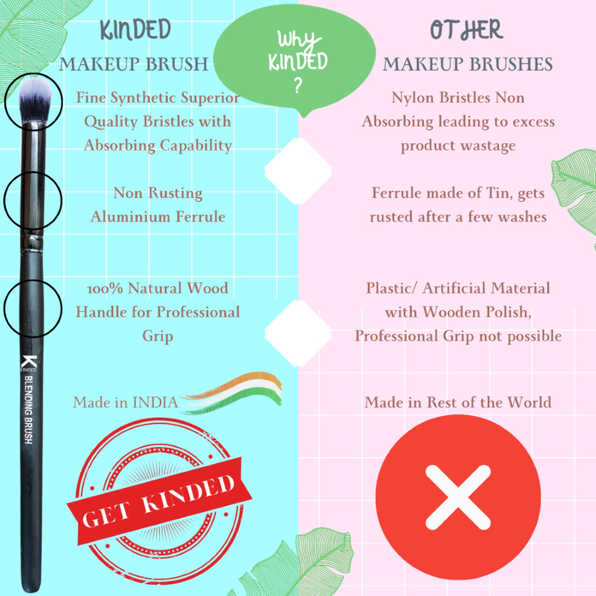KINDED Professional Natural Wooden Handle Blending Makeup Brush | Grocsy