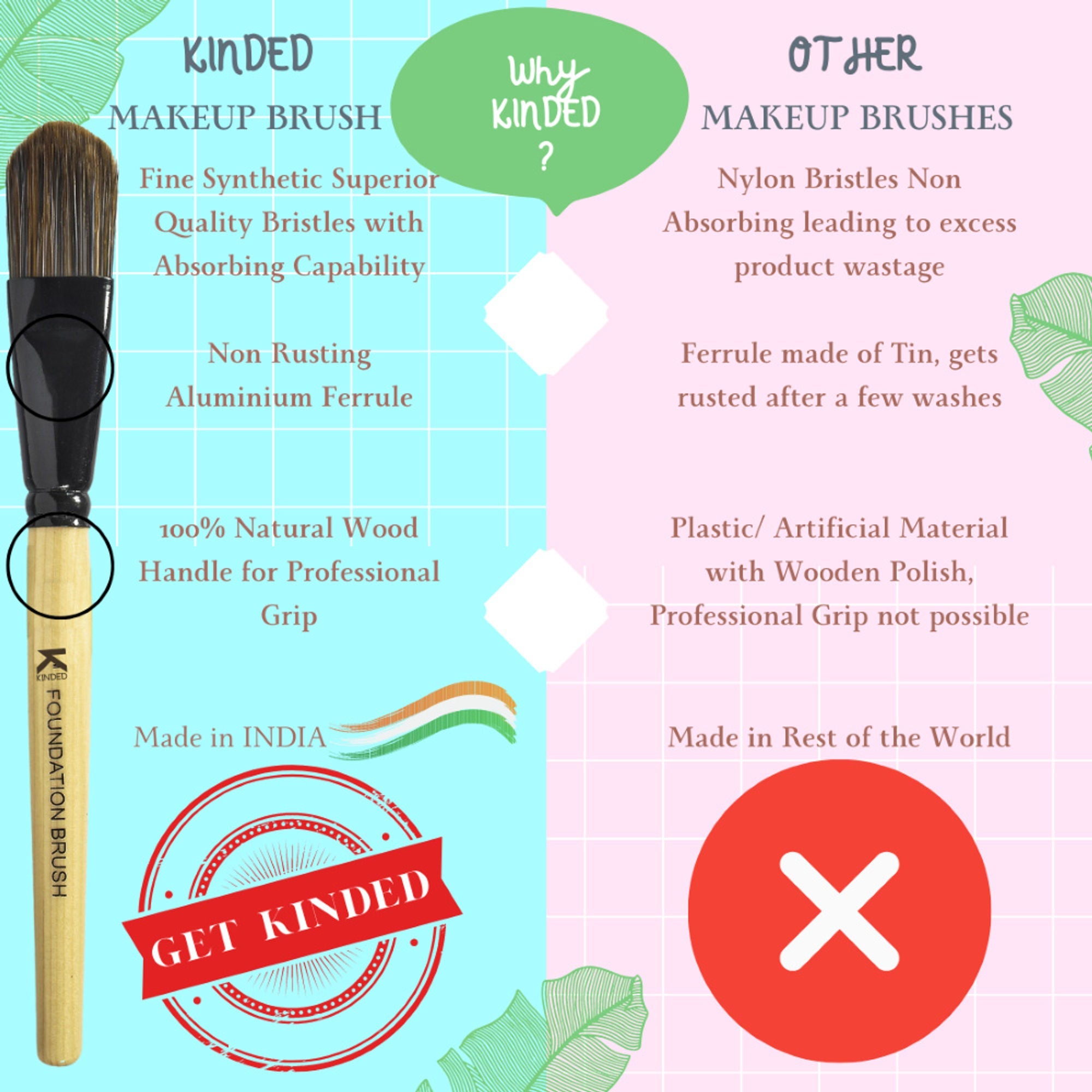 KINDED Professional Natural Wooden Handle Foundation Makeup Brush | Grocsy