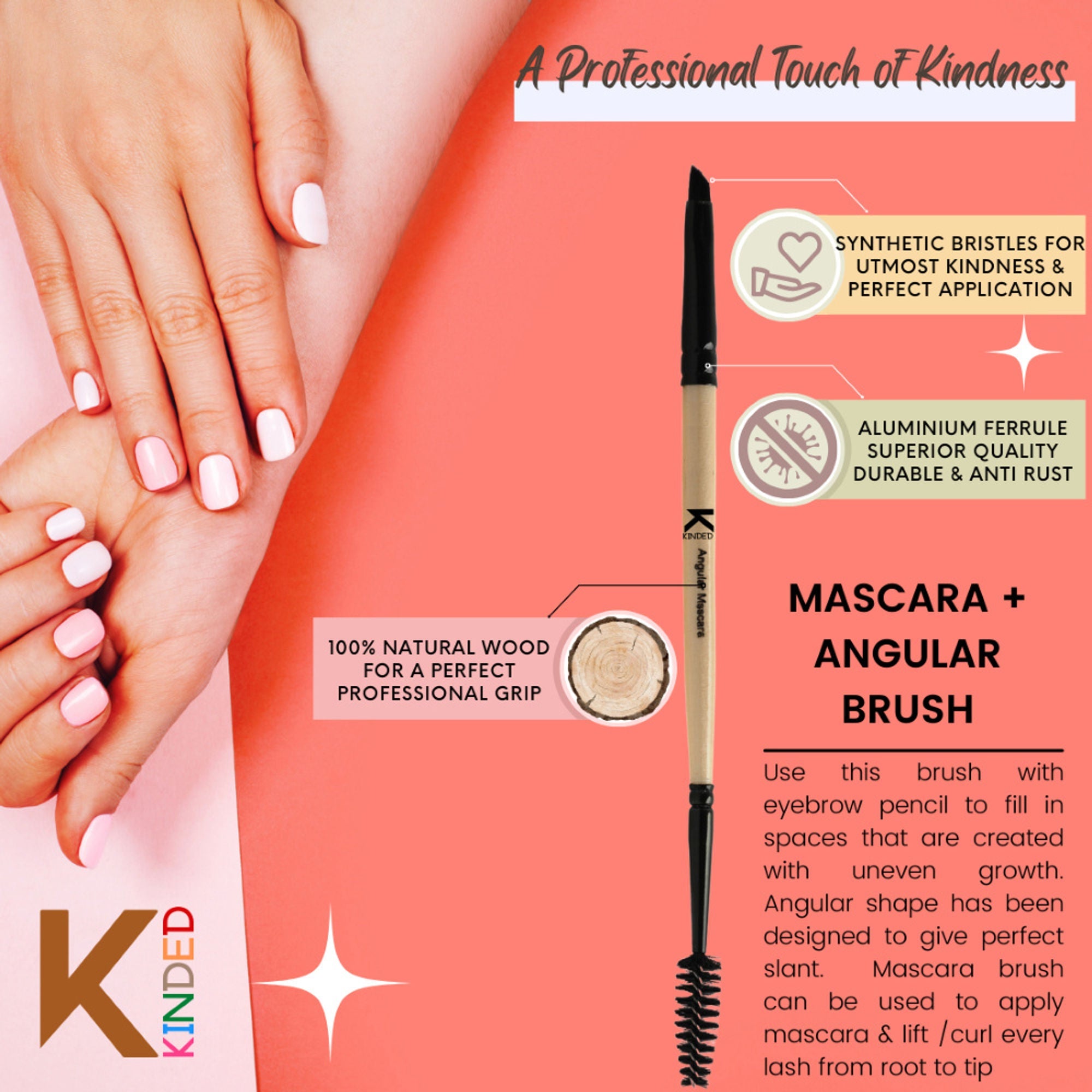 KINDED Professional Natural Wooden Handle 2 in 1 Masaca & Angular Makeup Brush | Grocsy