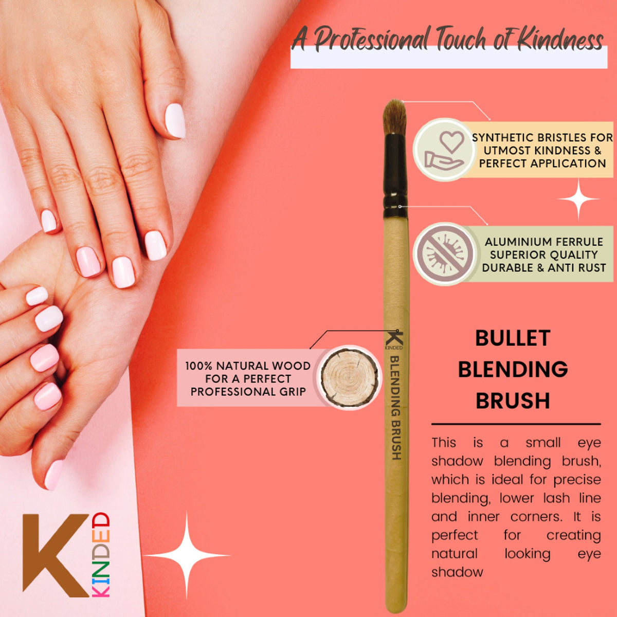 KINDED Professional Natural Wooden Handle Bullet Blending Makeup Brush | Grocsy