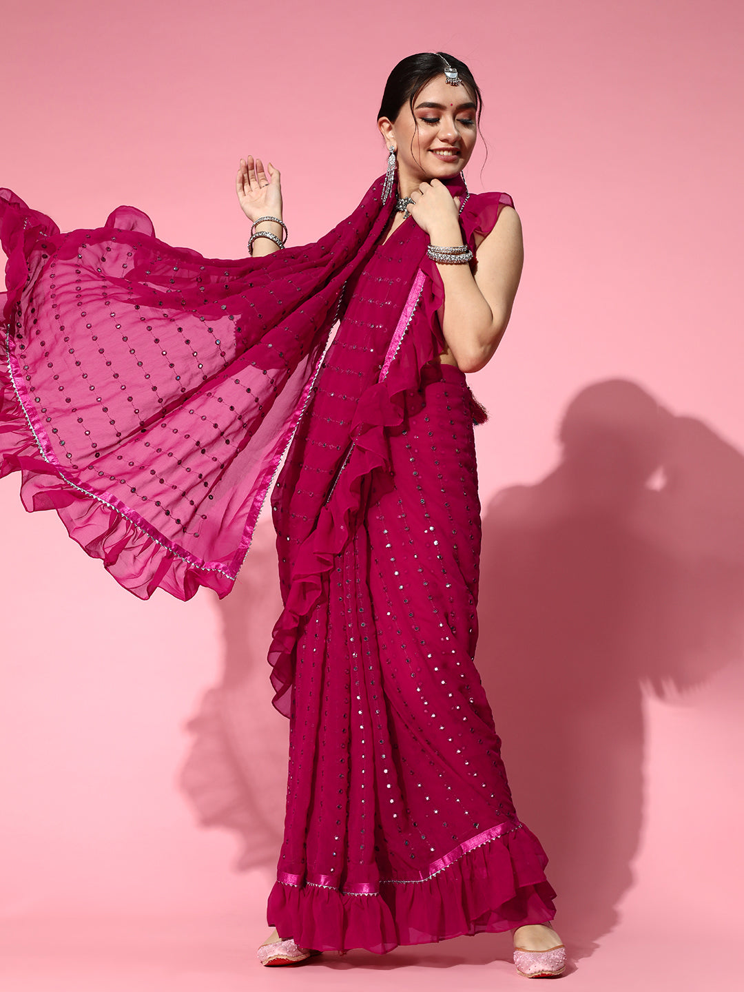 Tikhi Imli Embellished Poly-Georgette Saree with Solid border | Grocsy