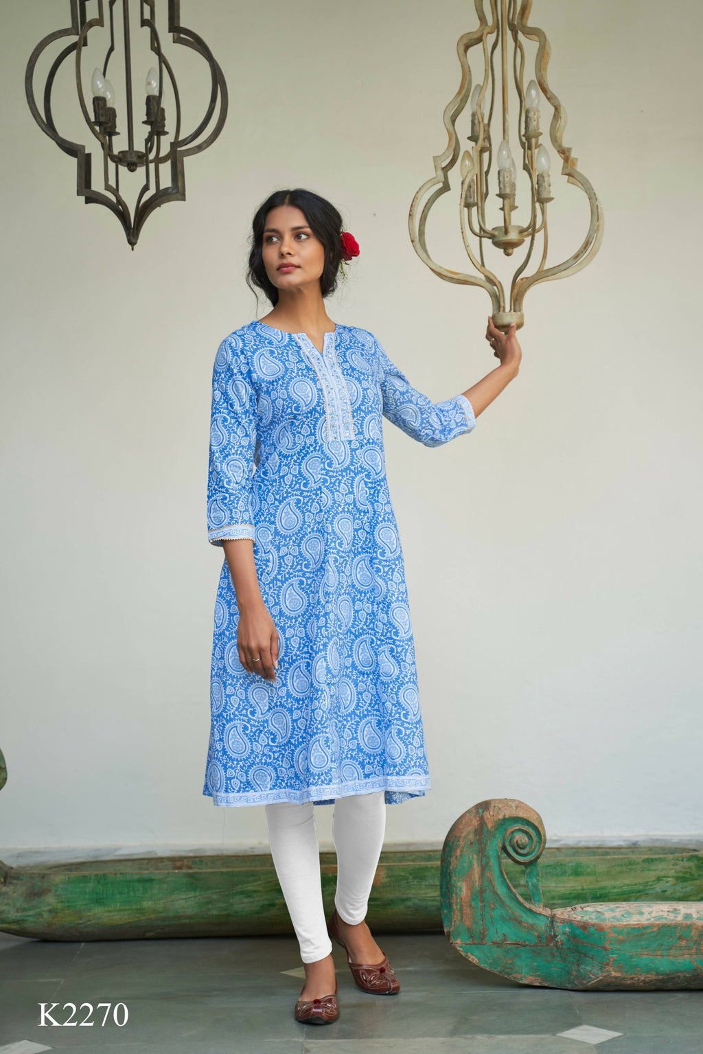 Blue Cotton Paisley Printed A line Kurta - Prasuti | Grocsy