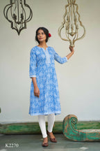 Blue Cotton Paisley Printed A line Kurta - Prasuti | Grocsy