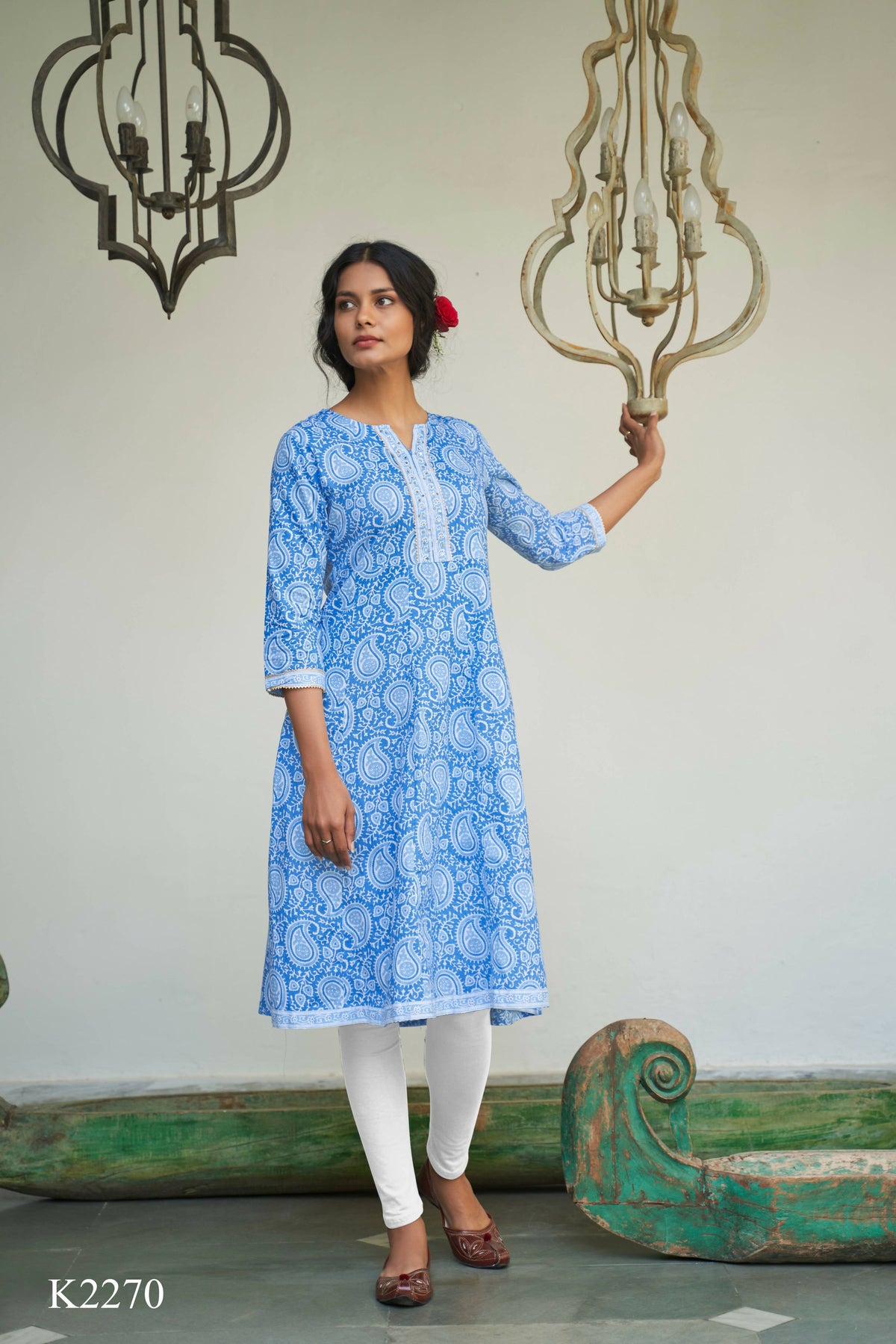 Blue Cotton Paisley Printed A line Kurta - Prasuti | Grocsy