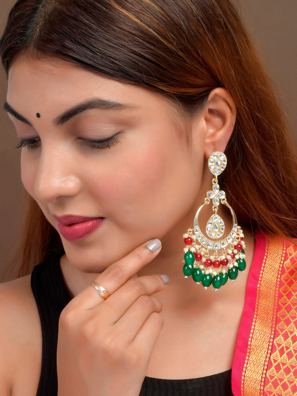 Shoshaa Green Contemporary Kundan Chandbalis Earrings | Grocsy
