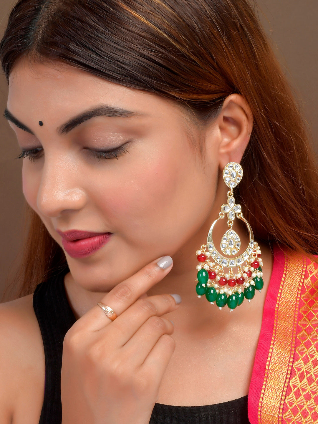 Shoshaa Green Contemporary Kundan Chandbalis Earrings | Grocsy