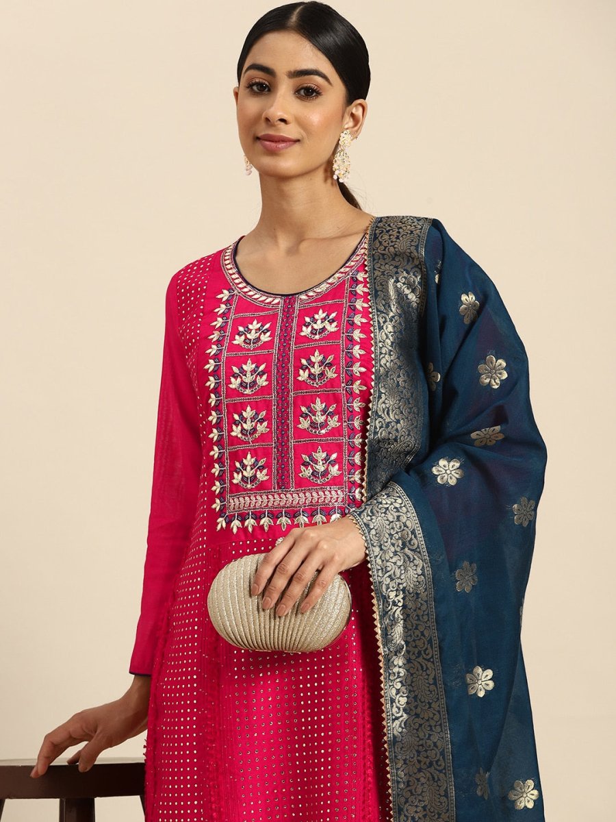 All About You Ethnic Motifs Embroidered Chanderi Silk Kurta with Trousers & With Dupatta | Grocsy