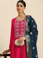 All About You Ethnic Motifs Embroidered Chanderi Silk Kurta with Trousers & With Dupatta | Grocsy