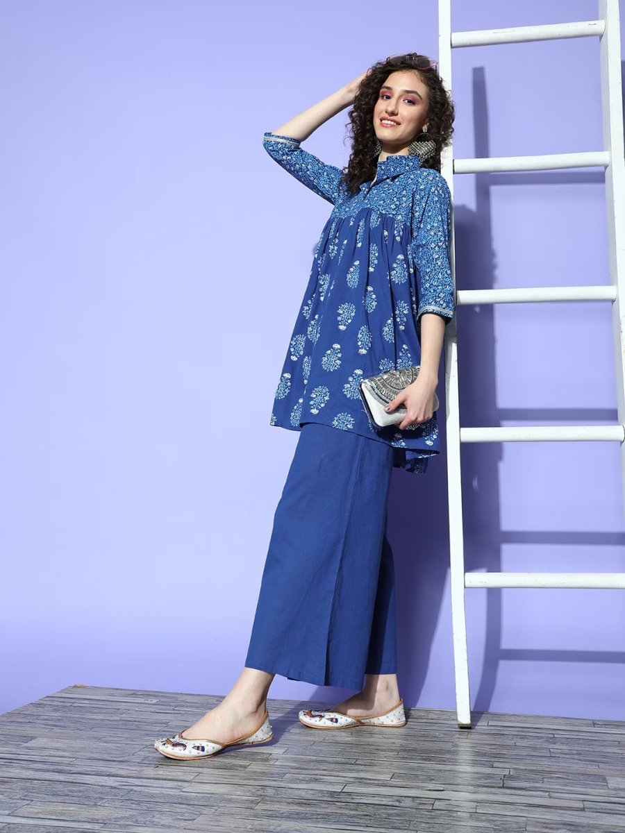 Ahalyaa Blue Pure Cotton Tunic & Palazzos Ethnic Co-Ords | Grocsy