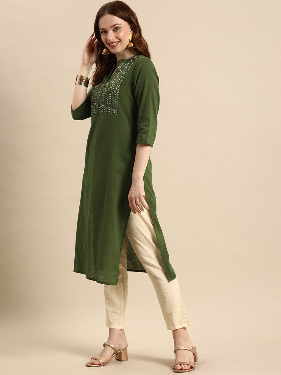 All About You Women Olive Green Geometric Yoke Design Pure Cotton Kurta | Grocsy