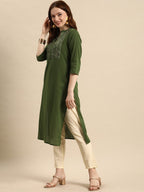 All About You Women Olive Green Geometric Yoke Design Pure Cotton Kurta | Grocsy