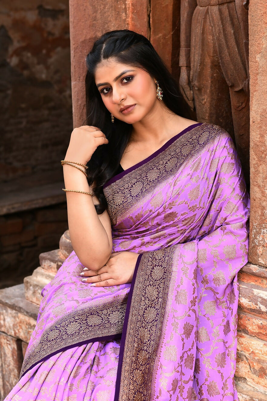 Joban Fashion Lavender Crepe Chiffon Pure Handloom Banarasi Silk Saree | Grocsy