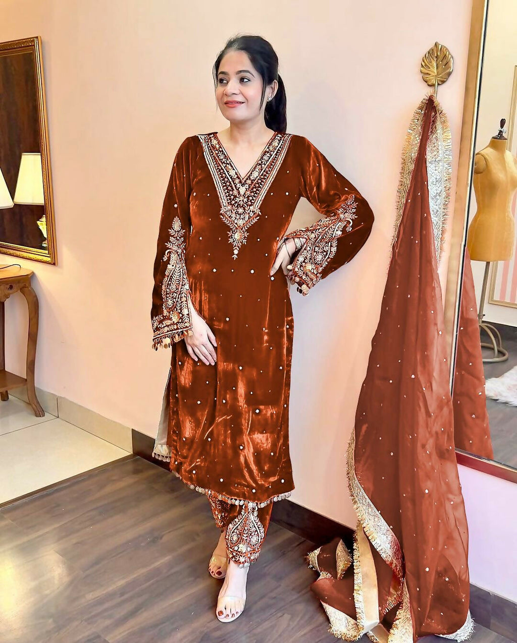 Joban Fashion Rust Brown Velvet Embroidery Kurta Set | Grocsy