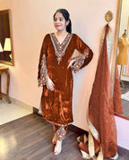 Joban Fashion Rust Brown Velvet Embroidery Kurta Set | Grocsy