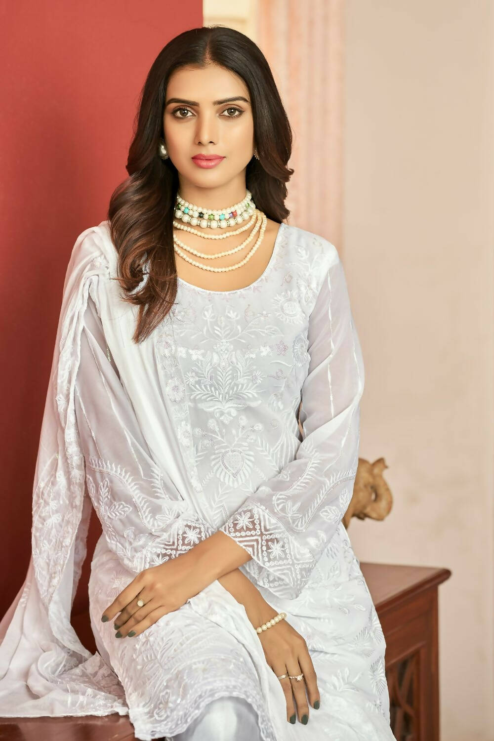 White Heavy Faux Georgette Embroidered Semi Stitched Suit - Dhvani | Grocsy