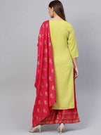 Yufta Women Green & Pink Embroidered Kurta with Palazzo & Dupatta | Grocsy