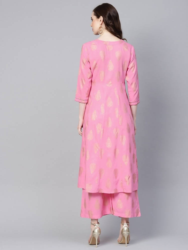 Yufta Women Pink & Golden Printed Kurta with Palazzo | Grocsy