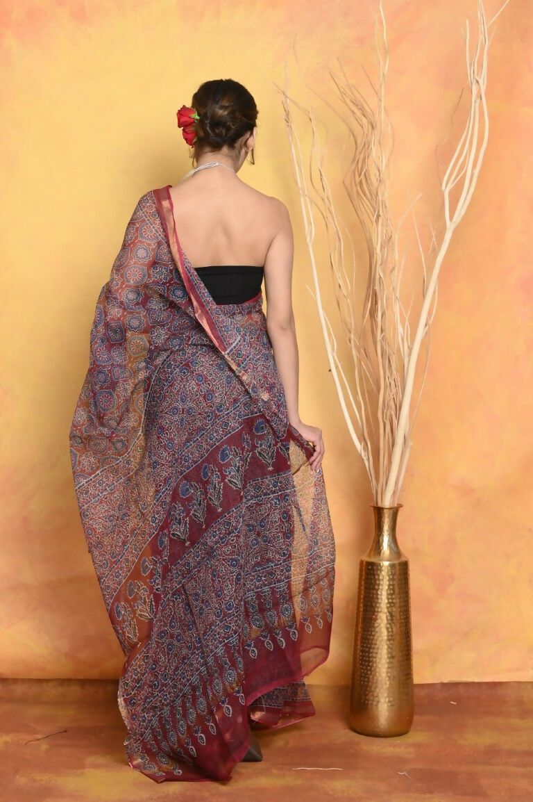 Very Much Indian Pure Kota Cotton Handblock Printed Saree - Grey | Grocsy