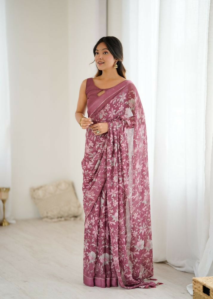 PR Fashion Bit Bright Moss Satin Patta Printed Saree | Grocsy