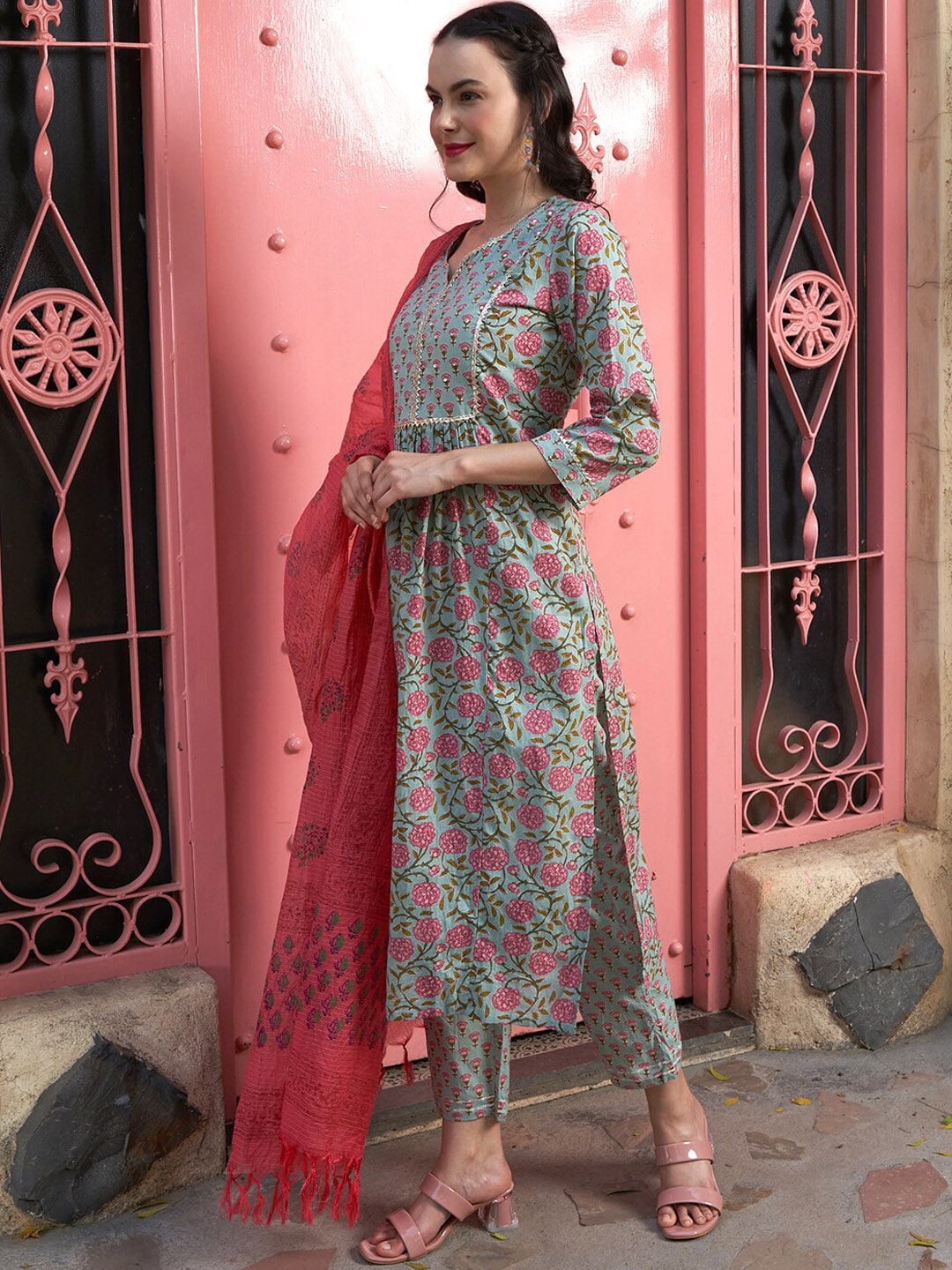 Sangria Sea Green Floral Printed Pure Cotton Kurta with Palazzos & Dupatta | Grocsy