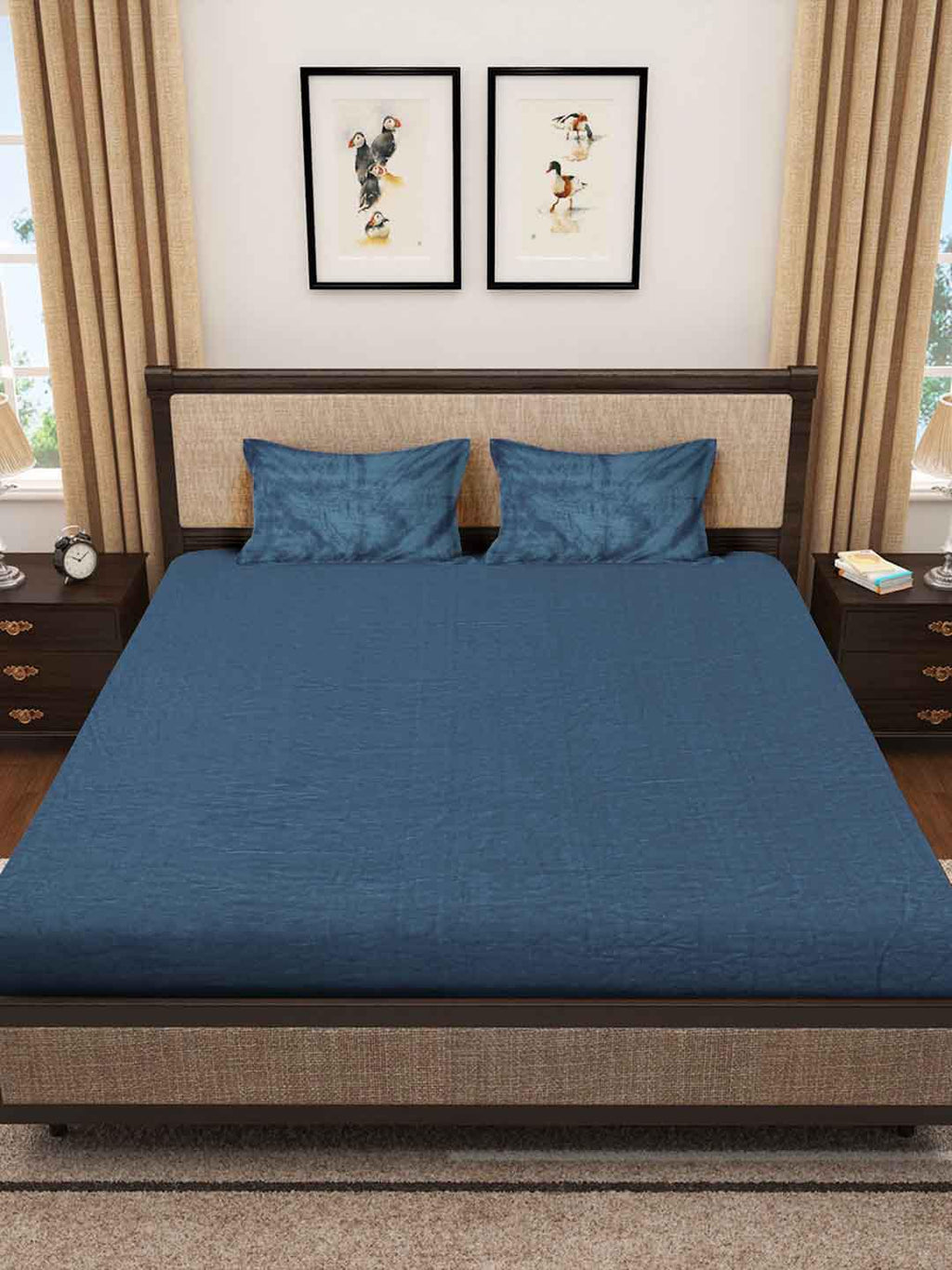 KLOTTHE Turquoise Blue 300 TC Woolen Fitted King Bedsheet With 2 Pillow Covers | Grocsy