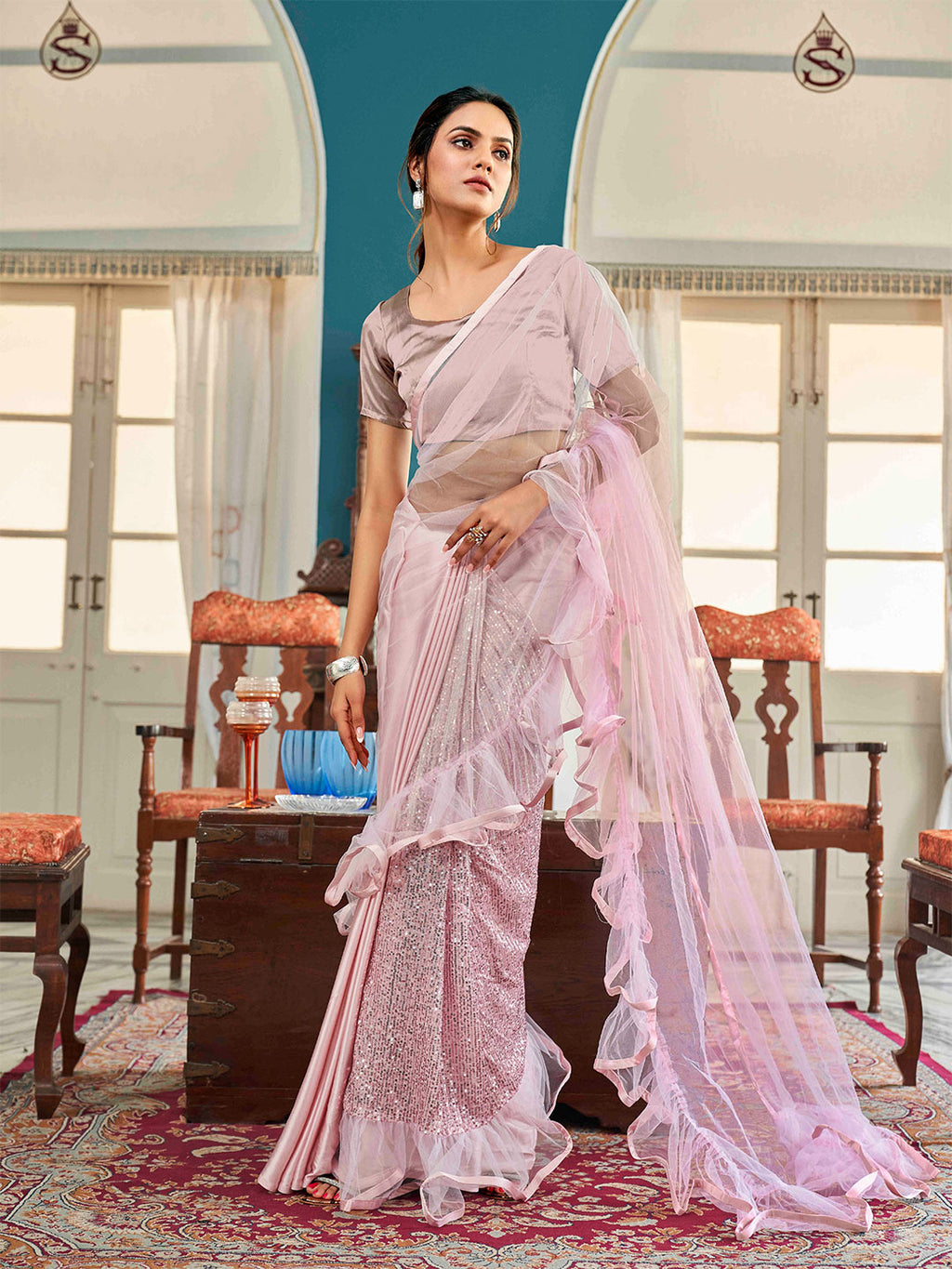 Tikhi Imli Floral Sequinned Satin Half and Half Saree | Grocsy