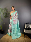 Elora Cyan Blue Silk Floral Motifs Coppery Tone Contrast Floral Border Banarasi Saree | Grocsy
