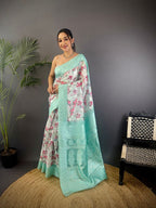 Elora Cyan Blue Silk Floral Motifs Coppery Tone Contrast Floral Border Banarasi Saree | Grocsy