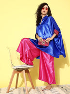 InWeave Women's Blue Pink Brocade Satin Boho Kurta Pink Palazzo Set | Grocsy