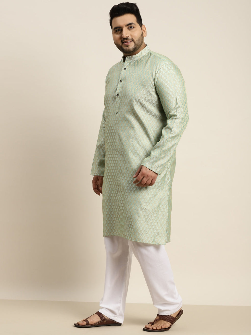 Sojanya Plus Men Green Jacquard Self Design Kurta with Pyjamas | Grocsy