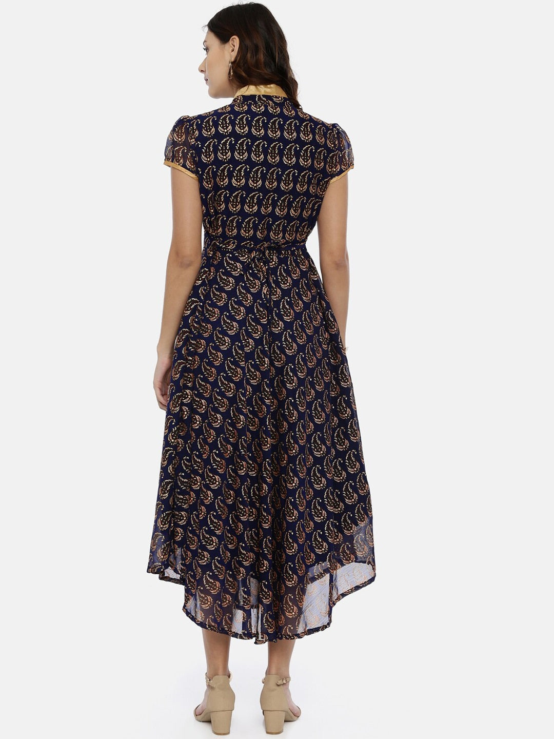 Souchii Navy Blue & Gold Floral Print Fit and Flare Dress | Grocsy