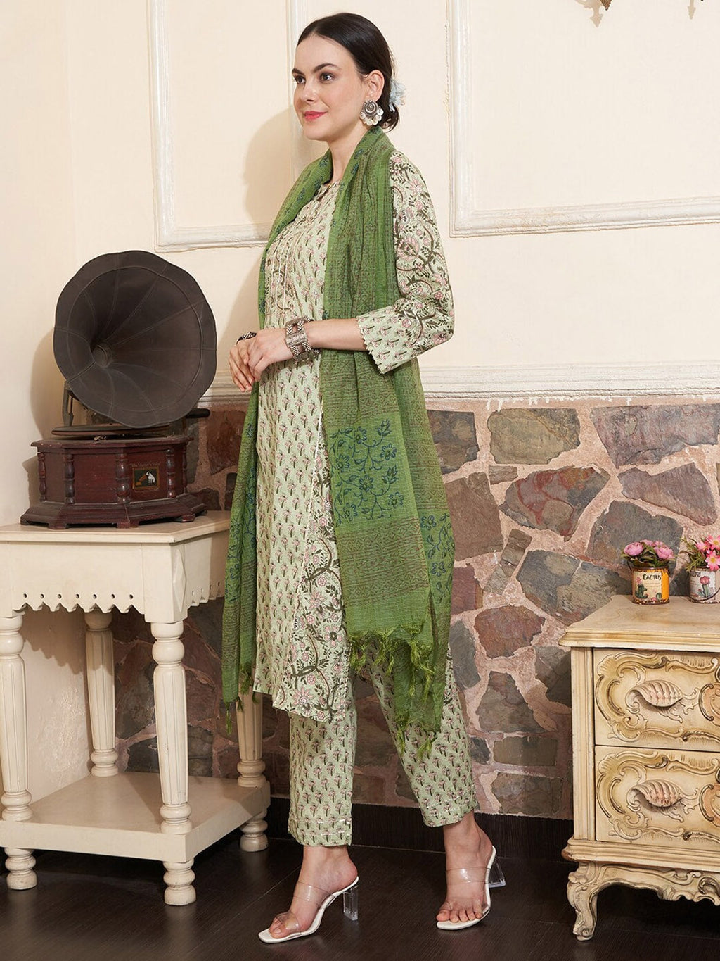 Sangria Floral Printed Gotta Patti Pure Cotton Straight Kurta With Trousers & With Dupatta | Grocsy
