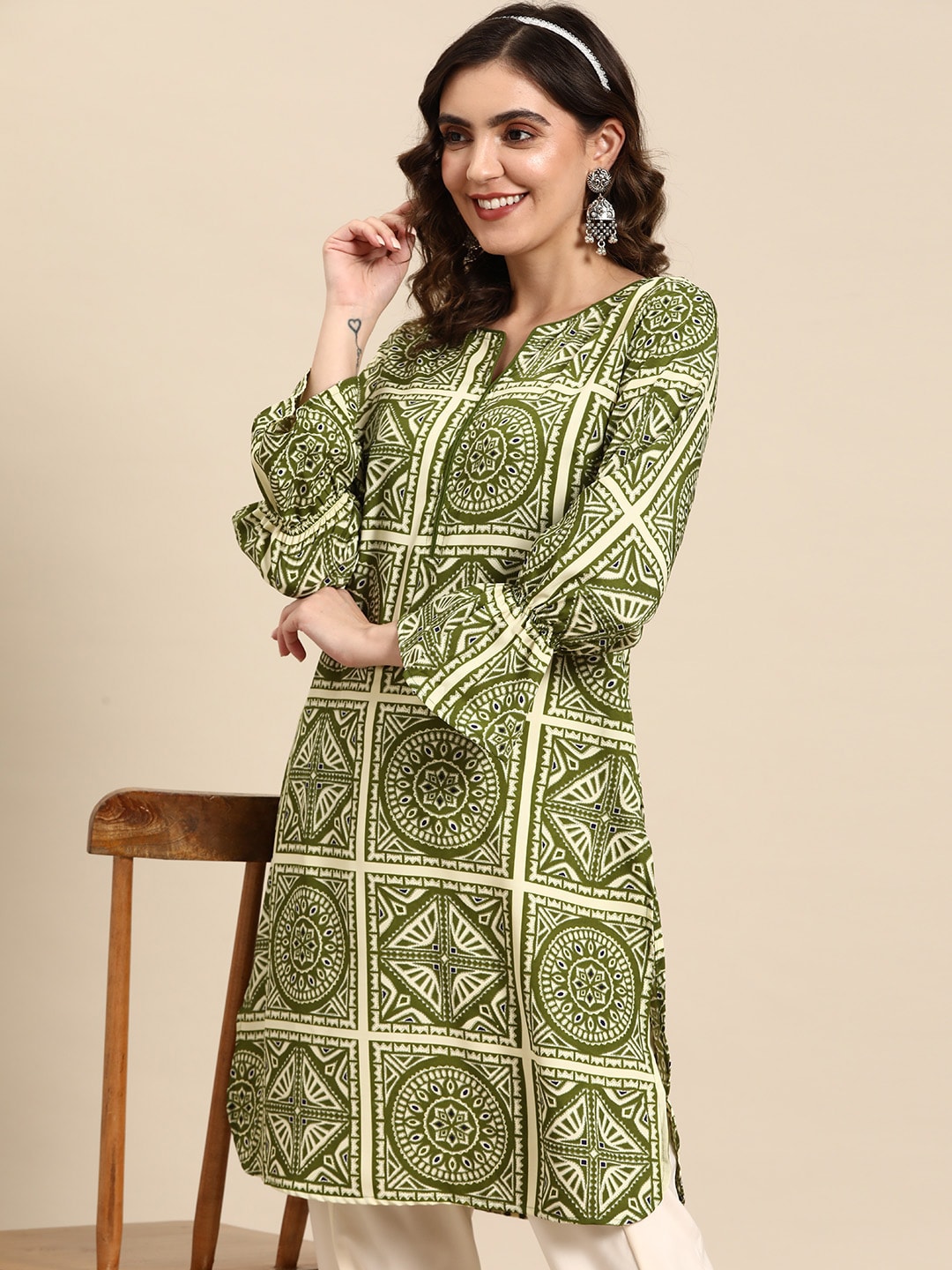 Sangria Ethnic Motifs Printed Puff Sleeves Kurta with Dhoti Pants | Grocsy