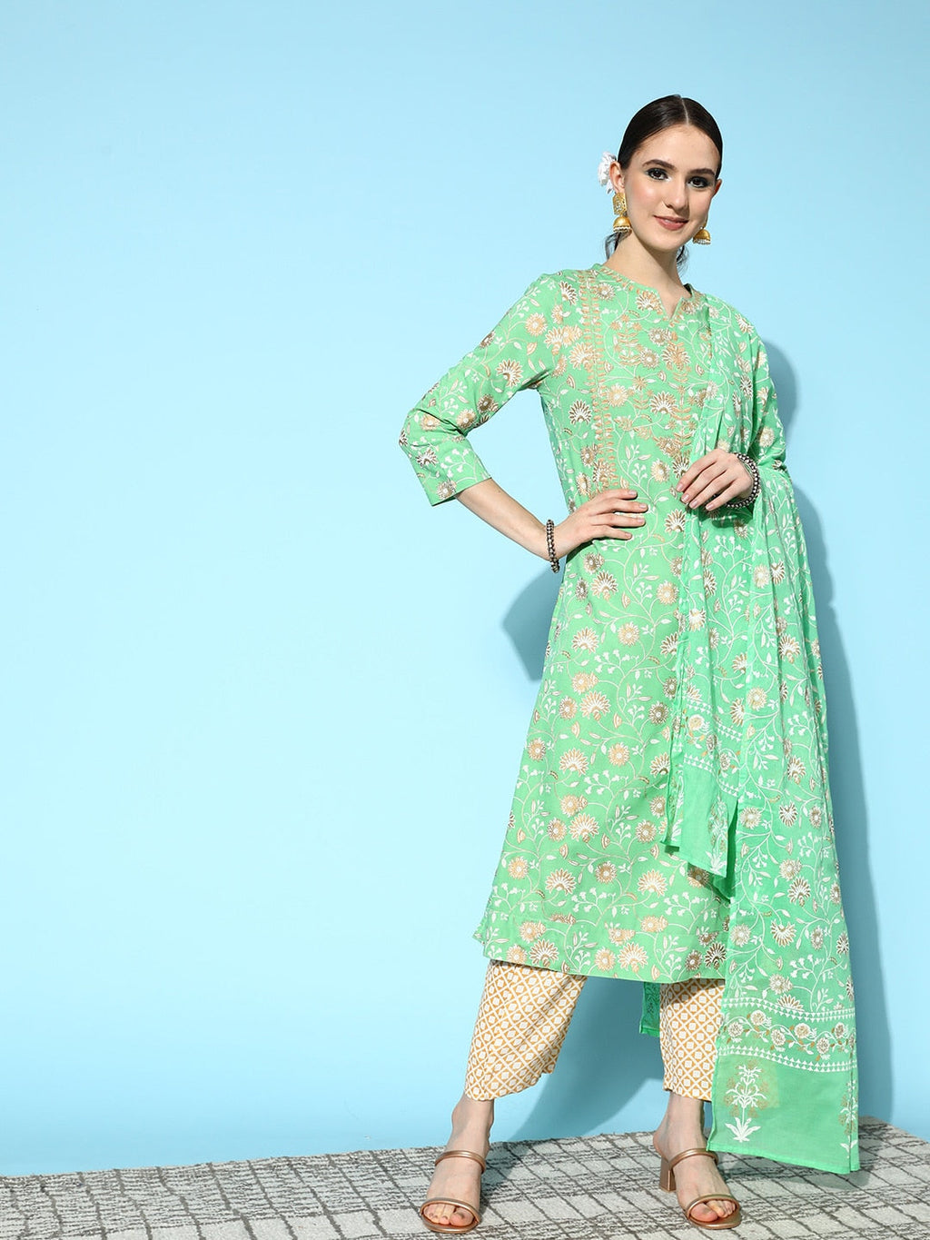 HERE&NOW Women Ethnic Motifs Printed Thread Work Kurta with Trousers & Dupatta | Grocsy