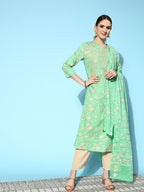 HERE&NOW Women Ethnic Motifs Printed Thread Work Kurta with Trousers & Dupatta | Grocsy