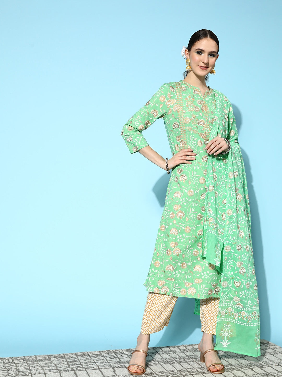 HERE&NOW Women Ethnic Motifs Printed Thread Work Kurta with Trousers & Dupatta | Grocsy