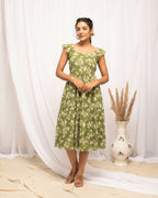 FIORRA Women's Mehandi Green Georgette Floral Printed Dress | Grocsy