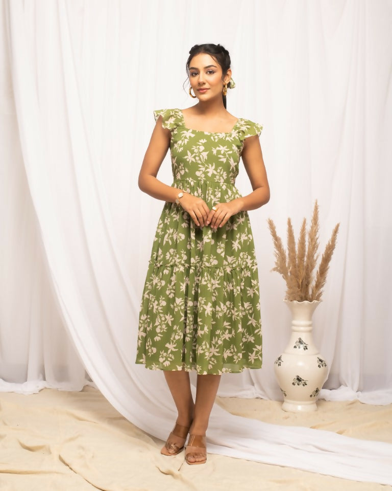 FIORRA Women's Mehandi Green Georgette Floral Printed Dress | Grocsy