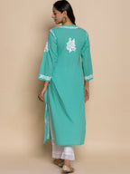 HOUSE OF KARI Floral Embroidered Chikankari Cotton A-Line Kurta | Grocsy