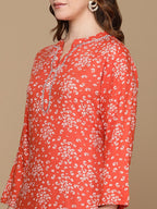 HERE&NOW Rust Orange & White Floral Printed Straight Kurta | Grocsy