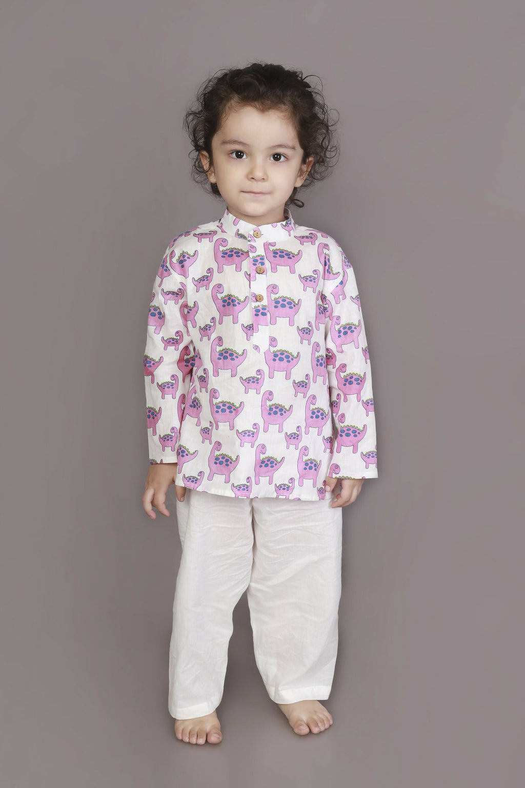 Breathables Kids Boys & Girls Cotton Night Suit – Purple Dinosaur Print Kurta & Pyjama Co-Ord Set | Grocsy