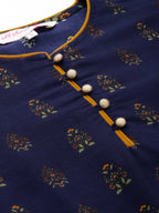 All About You Women Navy Blue Floral Printed Regular Long Sleeves Kurta with Trousers | Grocsy