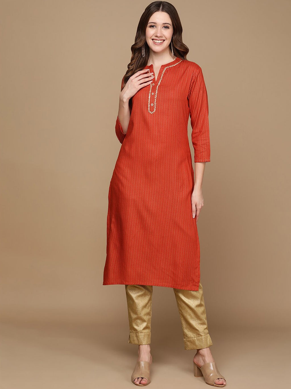 HERE&NOW Orange & Gold-Toned Mandarin Collar Striped Sequined Straight Kurta | Grocsy