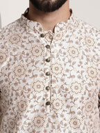 Sojanya Men Cream-Coloured & Brown Silk Cotton Printed Regular Kurta with Churidar | Grocsy