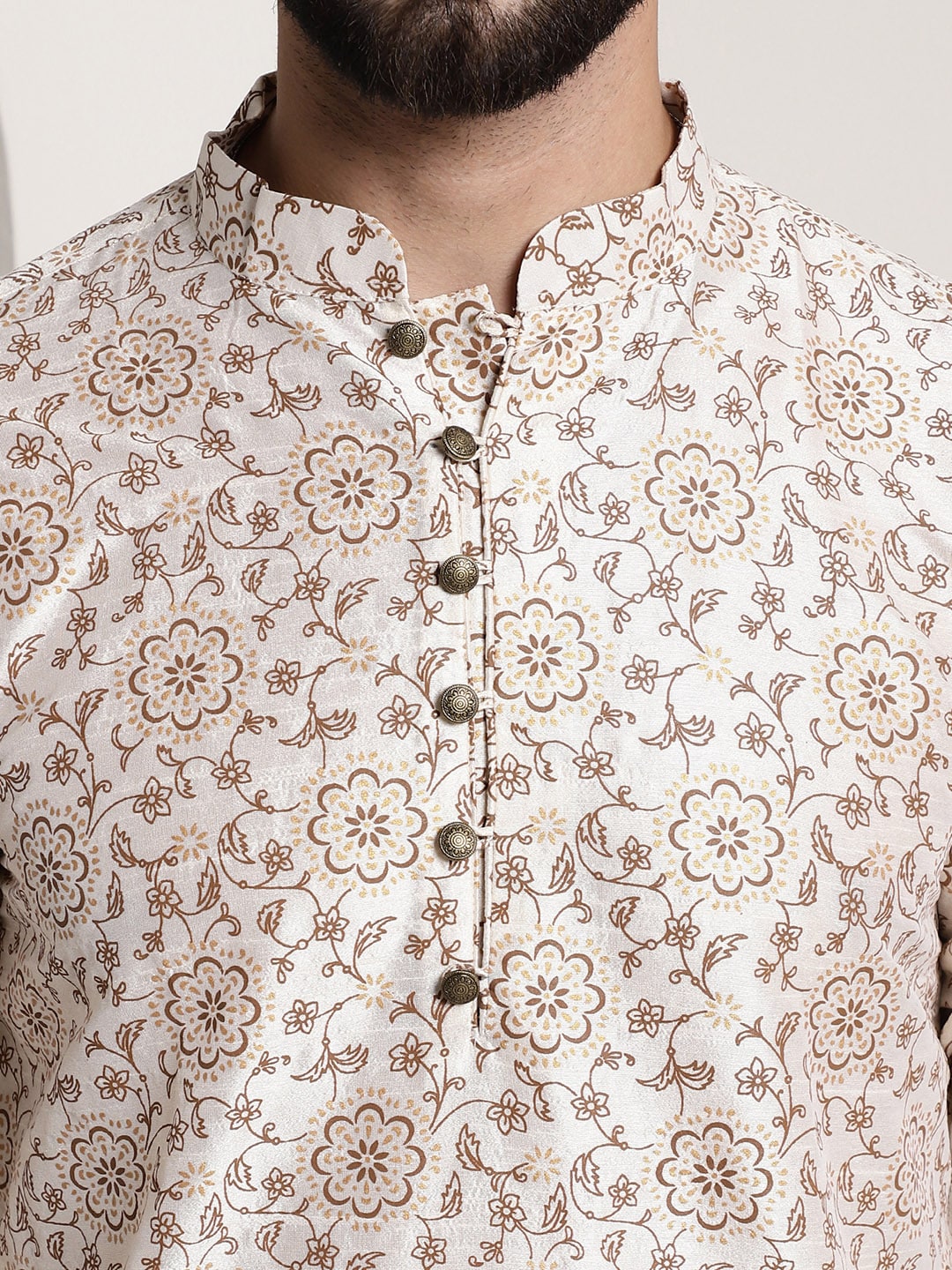 Sojanya Men Cream-Coloured & Brown Silk Cotton Printed Regular Kurta with Churidar | Grocsy