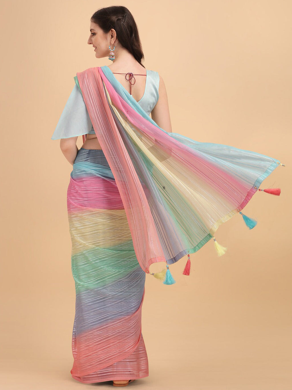 Sangria Blue & Pink Georgette Striped Zari Work Saree | Grocsy