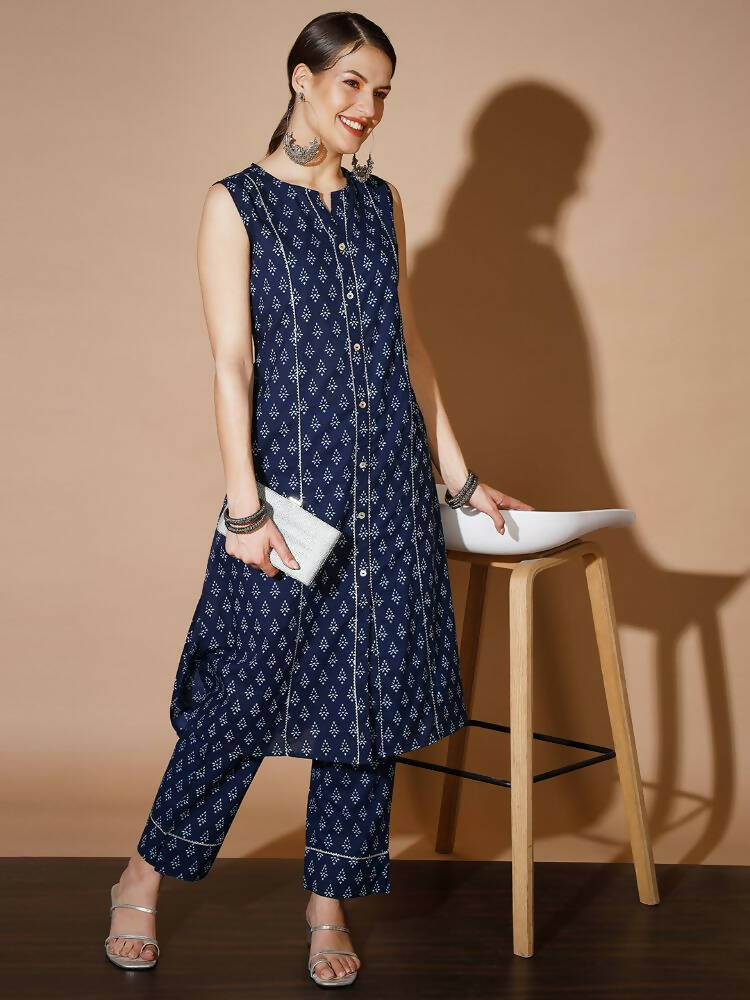 Myshka Women Blue Printed Kurta & Trousers | Grocsy