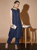 Myshka Women Blue Printed Kurta & Trousers | Grocsy