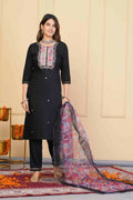 Black Rayon Slub Embroidered Stitched Suit With Dupatta - Tanisha | Grocsy